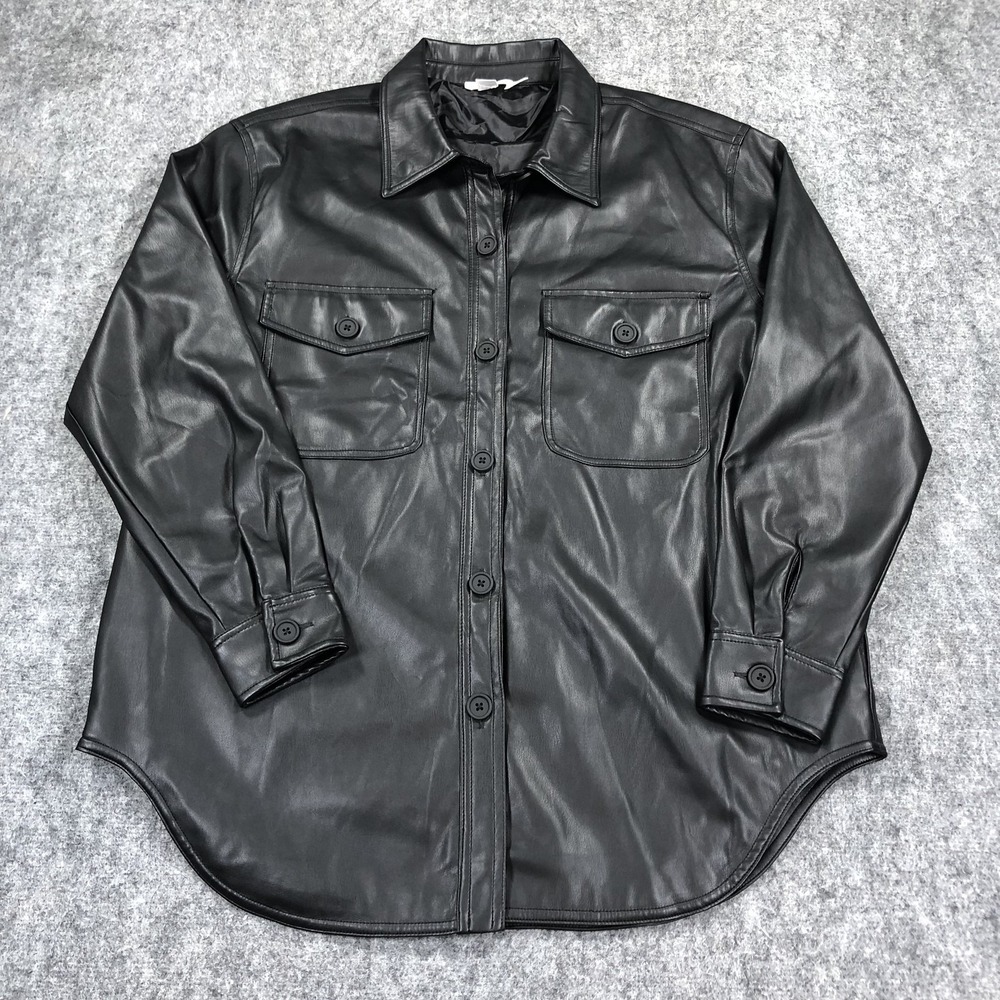 Good American Shacket Womens 3 Black Faux Leather Button Front Jacket GP0974
